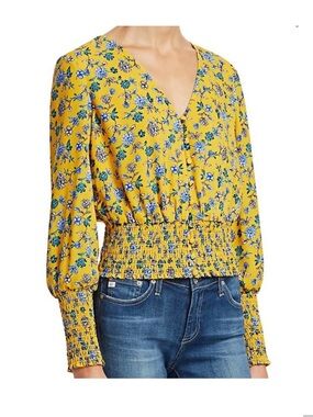 Scripted Cropped V-Neck Yellow Floral Long Sleeve Blouse Sz XS
